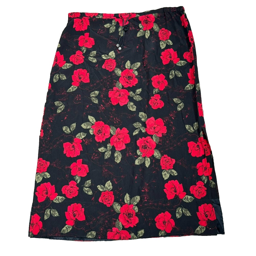 AMANDA SMITH Womens Large 100% Silk Black Red Roses Floral Maxi Skirt Side Slits